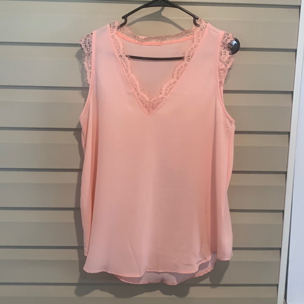 Size LG Sleeveless Lace V-neck Cap Sleeve Tank Top Pink Sheer Used Never Worn